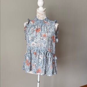 Floral Ruffle Blouse in Light Blue/Orange sz L